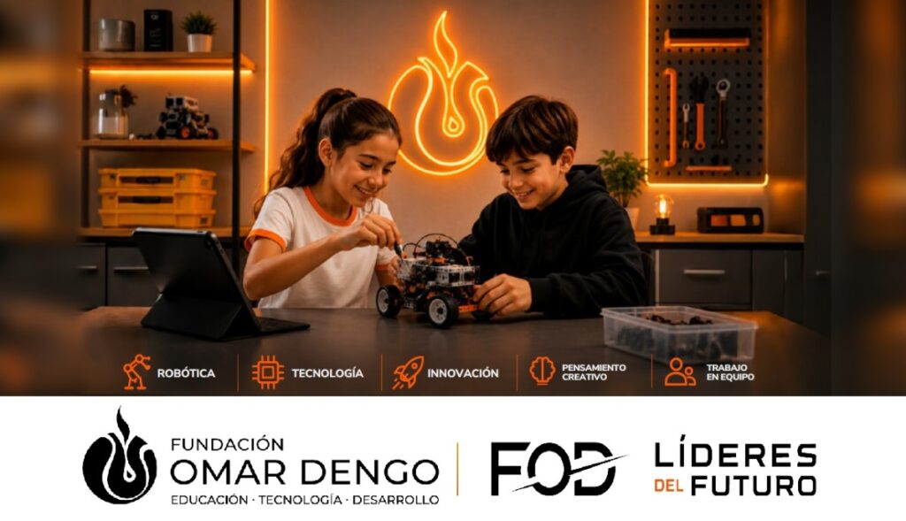 Niña y niño construyendo un robot en un espacio de FOD Líderes del Futuro